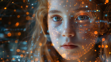 Portrait of a beautiful girl with an artificial intelligence interface. 3D renderingの素材