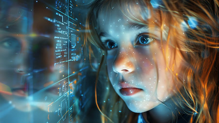 3d rendering of a little girl in front of a futuristic interfaceの素材