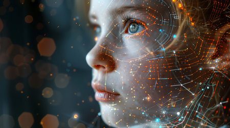 Futuristic woman face with digital circuit on her head 3D renderingの素材