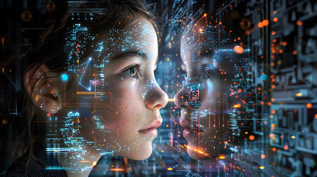 Close up of human face with digital interface and data. Mixed mediaの素材