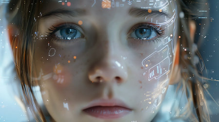 Cute little girl with futuristic interface on her face 3D renderingの素材