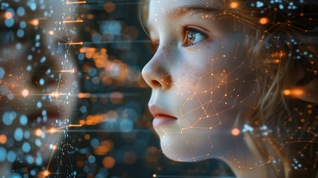 Cute little girl looking at digital network interface. 3D renderingの素材