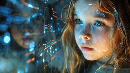 Close-up portrait of a beautiful girl with futuristic digital interface. 3D renderingの素材