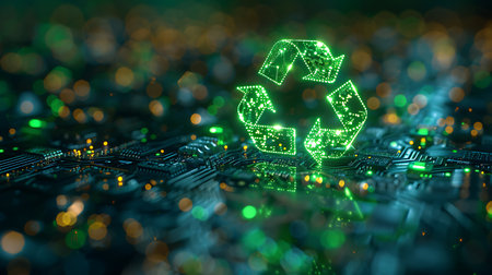 Circuit board with glowing recycling symbol, 3d rendering toned imageの素材