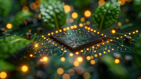 Circuit board with microchips and green leaves, closeupの素材
