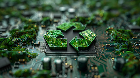 Close-up of circuit board with green microchips. 3D renderingの素材
