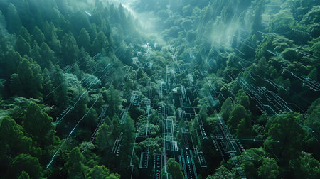 Futuristic cyberspace landscape with trees and high voltage linesの素材