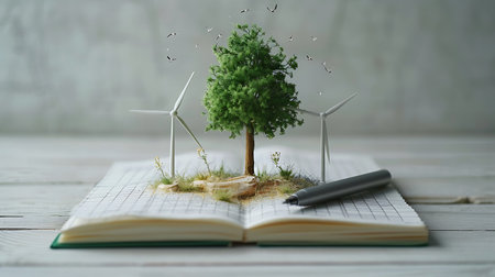 Open book with wind turbines and pencil on white wooden table. Eco conceptの素材
