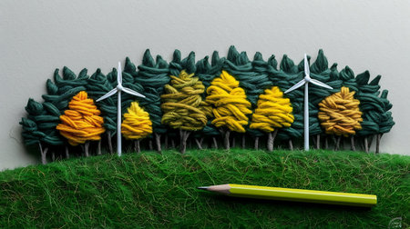Wind turbines on green grass with yellow pencil. Alternative energy concept.の素材