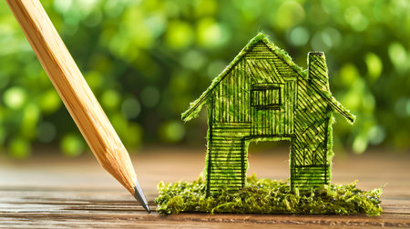 House model and pencil on wooden table with blurred green background. Real estate conceptの素材