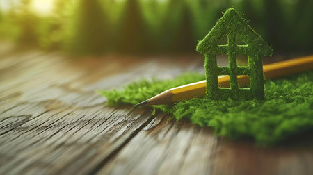 Green eco house with pencil on nature background. Eco friendly concept.の素材
