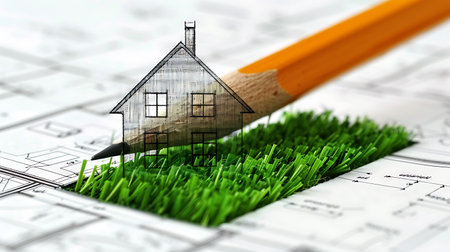 House on a construction drawing of a house with a pencil on the grassの素材