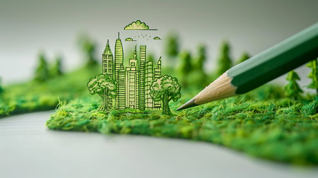 Green city on green grass with pencil. Green eco city concept.の素材