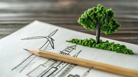 Green tree with wind turbine on blueprint. Renewable energy concept.の素材
