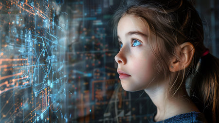Cute little girl with blue eyes looking at digital screen. Technology conceptの素材