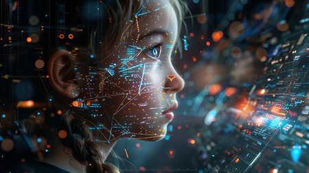 Portrait of little girl with digital interface on her face. Mixed mediaの素材