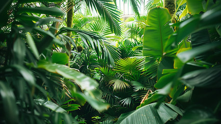 Tropical green leaves background in the botanical garden, stock photoの素材