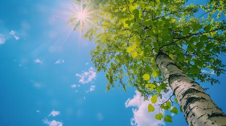 Birch tree with green leaves against the blue sky with sun raysの素材