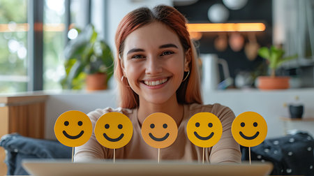 smiling young woman holding smiley face emoticons on digital tabletの素材