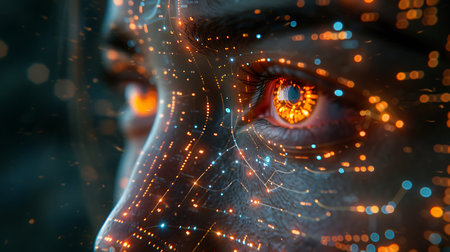 Cyber security concept. Close up of cyber woman eye with digital circuit boardの素材