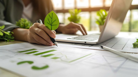 Close-up of businesswoman's hand holding a pen and working on laptop computer with green leaf on the paper.の素材