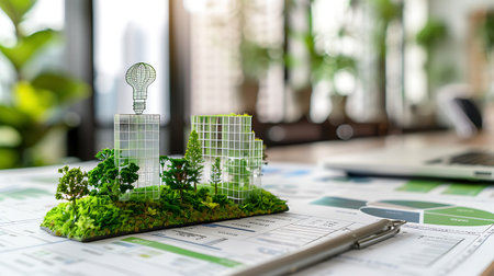 Miniature model of a city on top of a graphic tablet.の素材