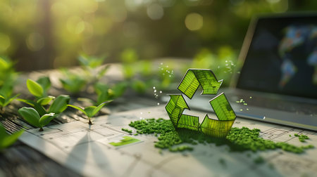 Recycling symbol on the world map. 3d rendering.の素材