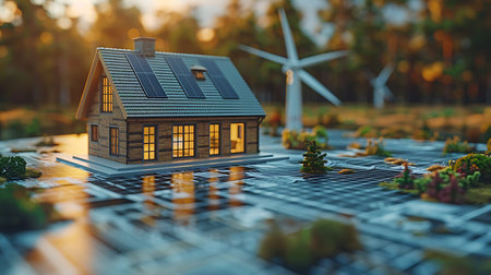 3D illustration of a model house with wind turbines on the backgroundの素材