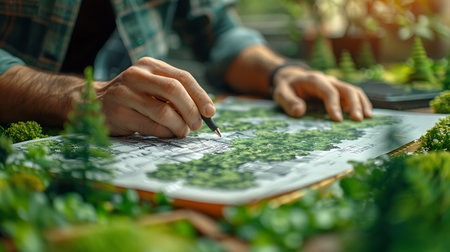 Close-up of a young man using a fountain pen to draw on a map.の素材