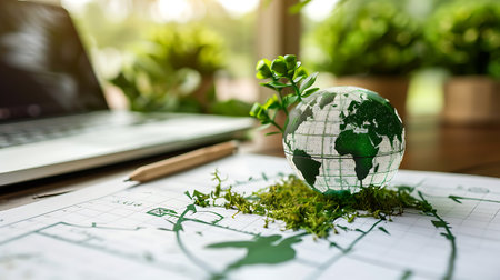 Globe and plant on the table with laptop. Global business concept.の素材