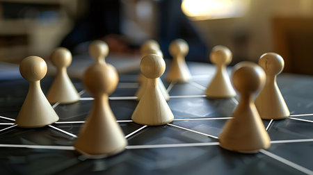 Close up of wooden chess pieces on a chessboard in a roomの素材