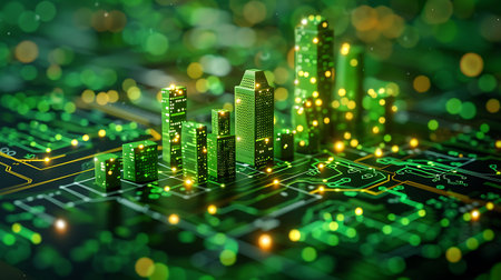 3d illustration of cityscape on green circuit board background. Technology concept.の素材
