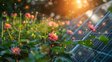 Solar panels and flowers in the garden. Selective focus. nature.の素材