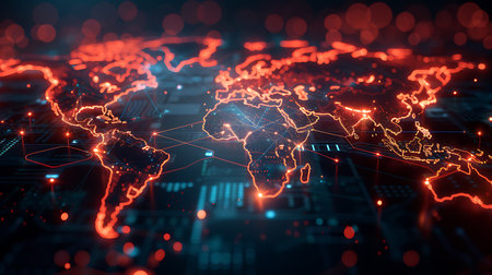 Abstract glowing map of the world on dark background. 3D renderingの素材