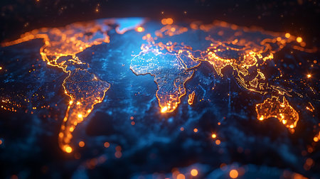 Glowing map of the world on dark background. 3d illustrationの素材