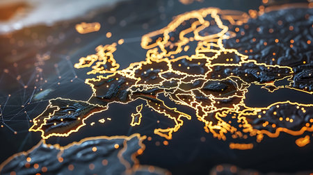 Map of Europe with glowing lines and bokeh effect. 3D renderingの素材