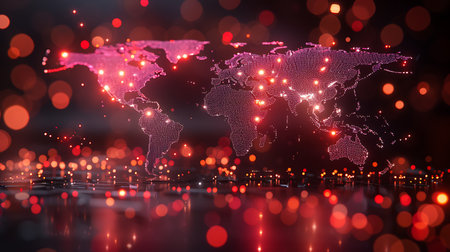 Digital world map with red light bokeh background. 3d renderingの素材