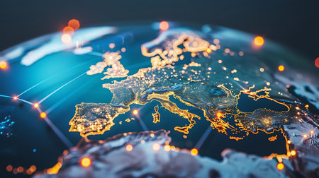 World map with glowing lines and city lights. Global network connections. 3D renderingの素材