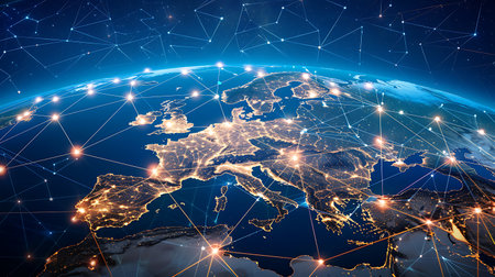 Global network connection over the world. 3D rendering toned imageの素材