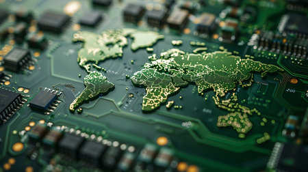 Close-up of computer circuit board with map of the world.の素材