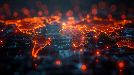 Digital world map with glowing dots and lines. Technology concept. 3D Renderingの素材
