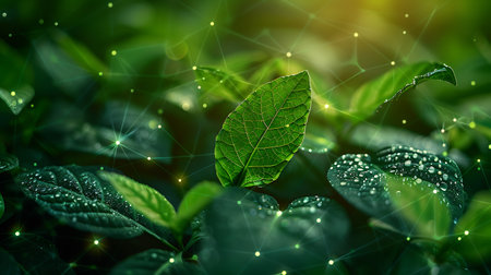 Green leaves with glowing network connection on blurred nature background. 3d renderingの素材