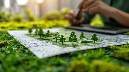 Miniature model of a forest with graphic designer working on tablet.の素材