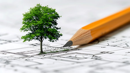 Architectural plan with a pencil and a tree on top of itの素材