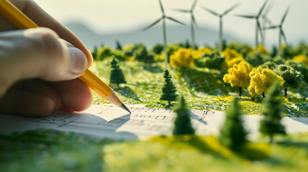 Close up of human hand with pencil drawing wind turbines on green fieldの素材