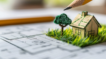 Drawing a house with a pencil on the background of green grassの素材