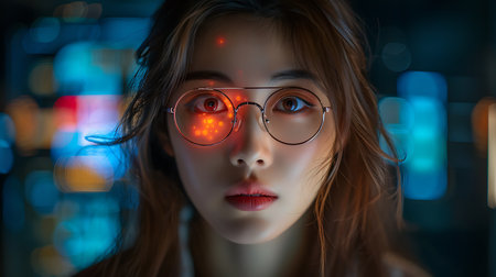 Portrait of beautiful asian woman wearing eyeglasses in the darkの素材
