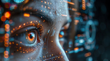 Close up of female eye with digital binary code. 3d renderingの素材