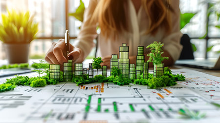 Model of a city on the table. The concept of ecology and environment protection.の素材