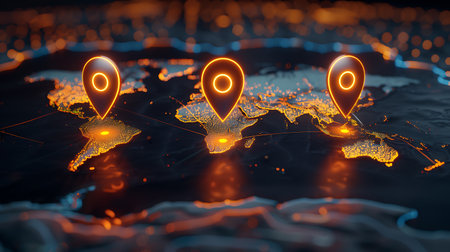 Glowing map of the world with pins on it. 3d renderingの素材